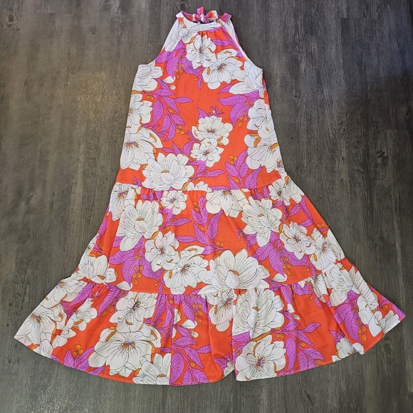 Betsy's Boutique Sketched Floral Halter Maxi Dress Orange Pink White Meduim - Picture 2 of 11